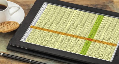 business concept - data spreadsheet on a digital tablet with a cup of coffee