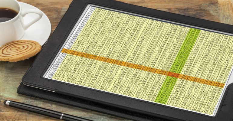 business concept - data spreadsheet on a digital tablet with a cup of coffee