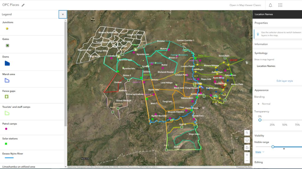 The basemap of Ol Pejeta Conservancy marks important details about infrastructure and wildlife. It includes the location of tourist camps, fencing, gates, and solar power stations. It also serves to track patrols and monitor any gaps in fencing. (Screenshot courtesy Ol Pejeta Conservancy)