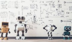 A classroom whiteboard covered in equations and sketches of robots, showcasing an engaging learning environment focused on STEM education and innovation.