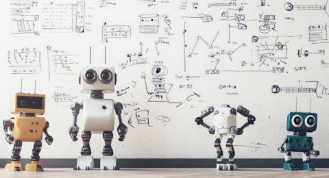 A classroom whiteboard covered in equations and sketches of robots, showcasing an engaging learning environment focused on STEM education and innovation.