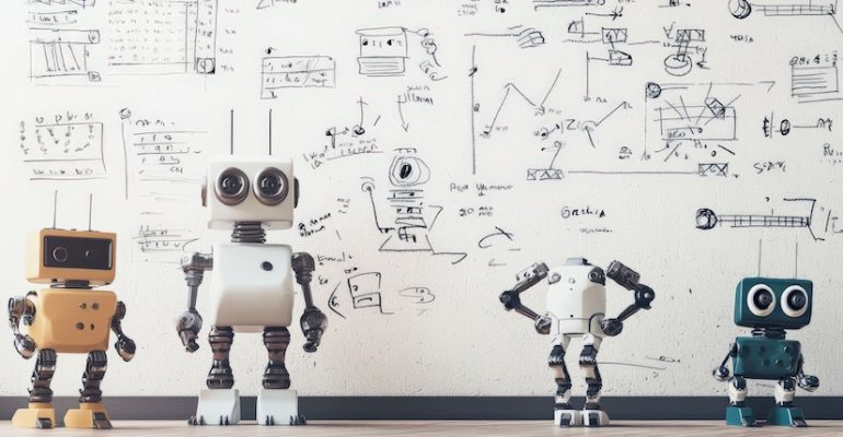 A classroom whiteboard covered in equations and sketches of robots, showcasing an engaging learning environment focused on STEM education and innovation.